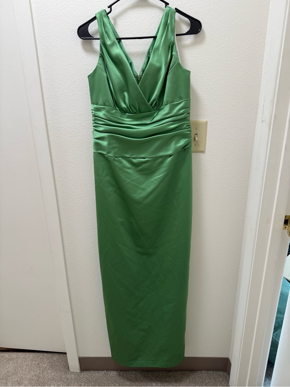 David's Bridal Green Satin V-Neck Maxi Dress